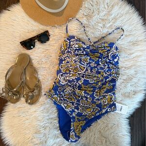 Cleobella Vibrant Blue and Yellow Patterned Rouched One-Piece Swimsuit